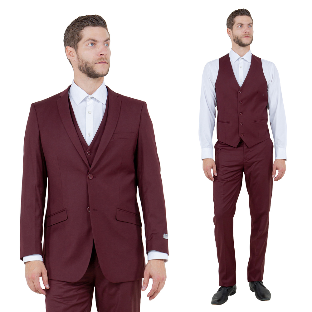 Slim Fit 3pc Mens Suit Set by Tazzio, Burgundy